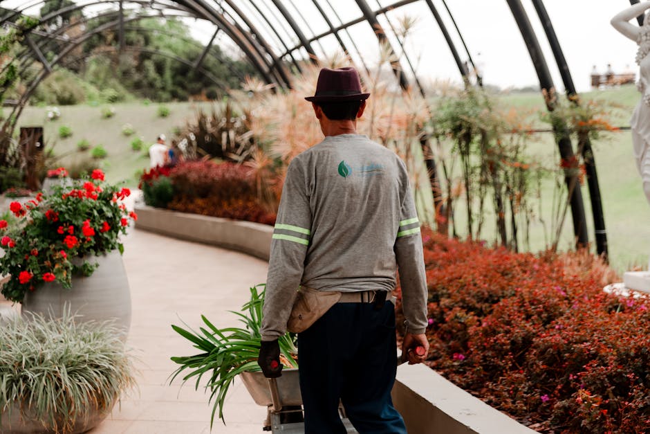 A gardener is seen from behind, walking through a spacious greenhouse or garden center with a curved glass roof supported by metal arches. The gardener is wearing a grey long-sleeved shirt with reflec